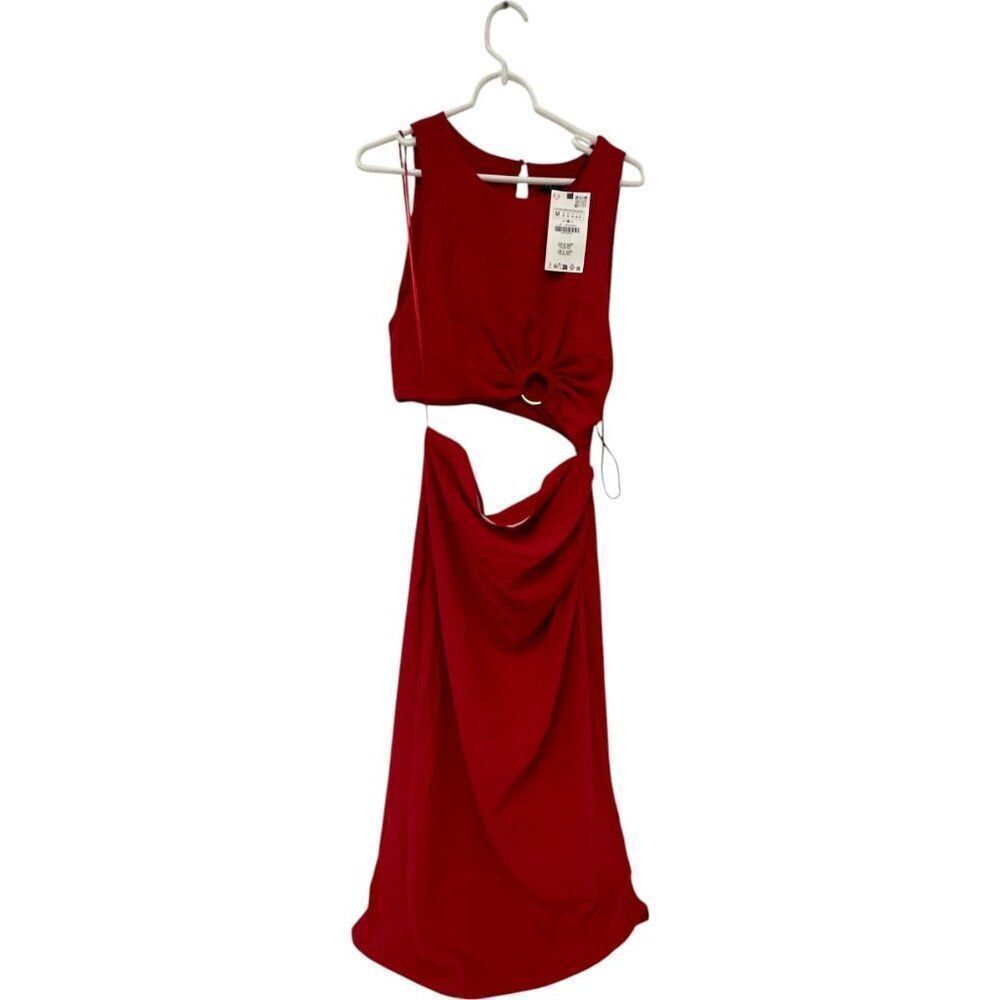 Zara Women Midi Dress M Red Sleeveless Cut Out Sexy Gold Ring 9878/166 NWT - Picture 4 of 12